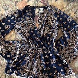 Navy Paisley Wrap Blouse with Pom Trim